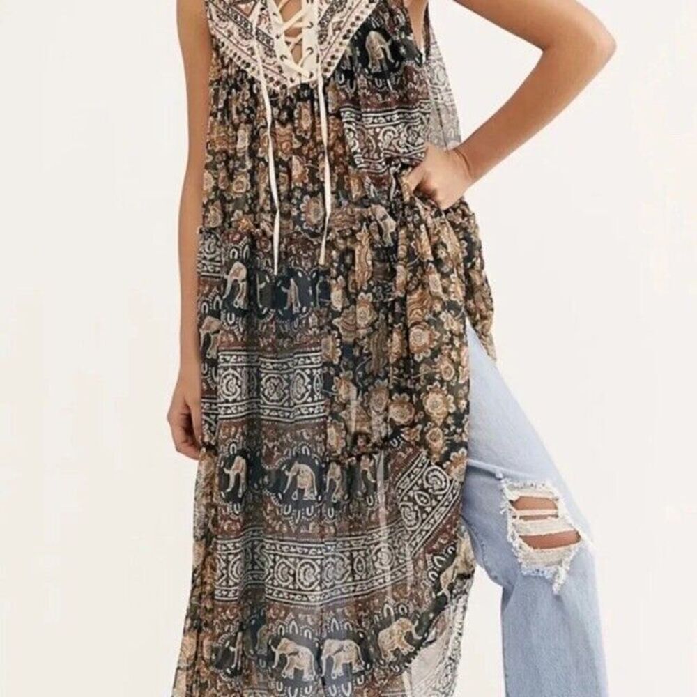Free People The Wanderers Floral Elephant Mesh Tunic Top Dress size XS